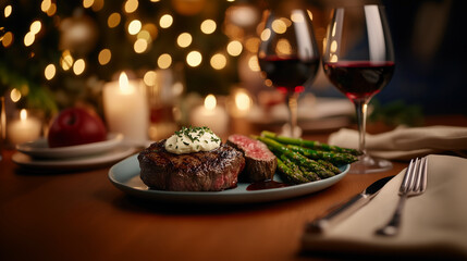 A cozy dinner scene for two showcasing sizzling steaks topped with herb butter, served alongside grilled asparagus and a red wine reduction sauce. The table is set with polished cu