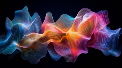Obraz premium Flowing wave patterns create an immersive visual experience with vibrant colors of blue, pink, and orange. The smooth curves give a sense of movement against a dark backdrop