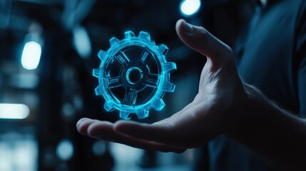 A hand displays a glowing blue gear symbol, representing technology and innovation. The setting is a modern, high-tech environment, enhancing the futuristic theme