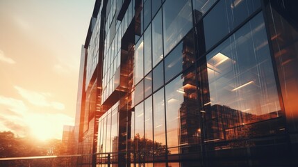A sleek glass building showcases its reflective surface as the warm glow of sunset lights up the sky, creating a striking urban landscape. The view captures tranquility amidst city life