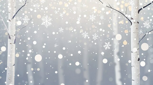   A wintry tableau of snowfall cascading from tree branches and enchanting snowflakes adorning foreground foliage