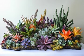 Obraz premium Varied succulents arranged on dark, mossy base.