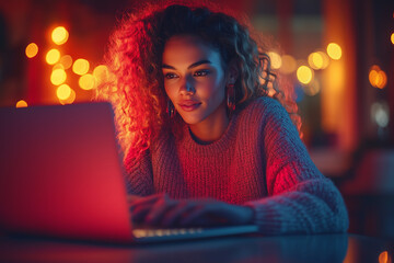 girl looking at a laptop neon pink color