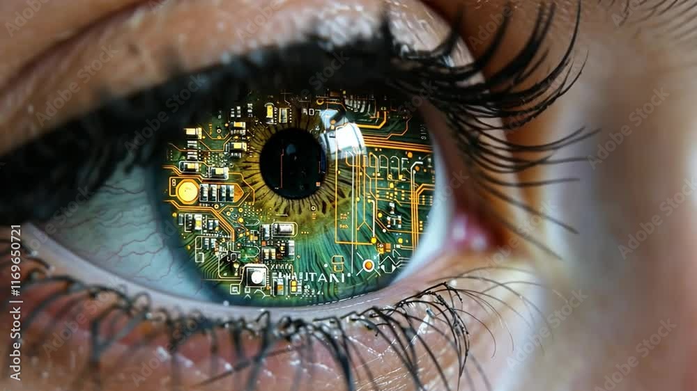 Poster A detailed reflection of intricate circuit patterns fills an eye, symbolizing the blend of human vision and advanced technology. This mesmerizing sight captures the essence of innovation.