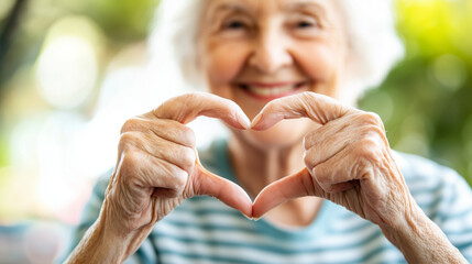 With a cheerful smile, a senior woman forms a heart shape using her hands and fingers, sending a message of love and positivity. This heartwarming gesture represents the joy and af