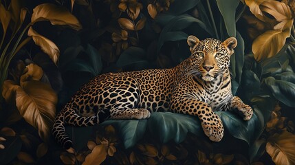 Naklejka premium A leopard is laying on a green leafy surface