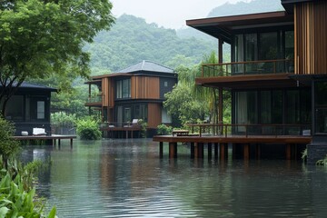 Obraz premium Modern houses, flooded, lush green hills.