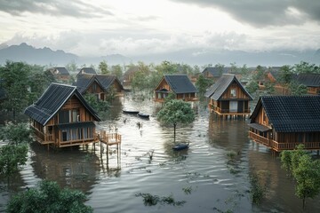 Obraz premium Flooded village; stilt houses submerged; murky water.