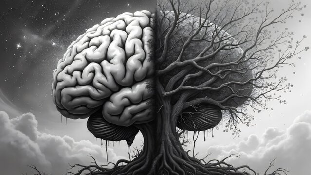 Surreal Monochrome Brain Tree Art- Mind Nature Fusion