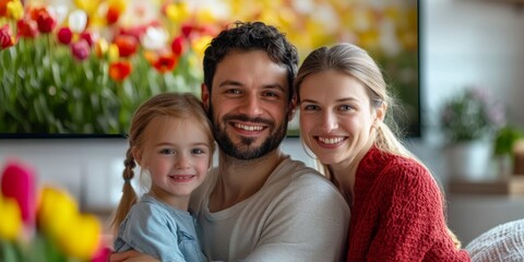 A happy family joyfully poses together in a cozy living space. The little girl smiles brightly with her parents, surrounded by vibrant flowers in the background. 