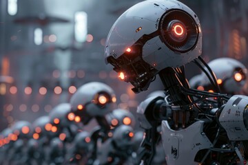 Fototapeta premium A row of robots with helmets on their heads