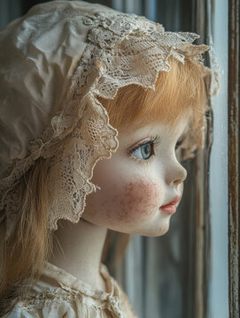 Vintage doll gazing out of a window with lace bonnet.