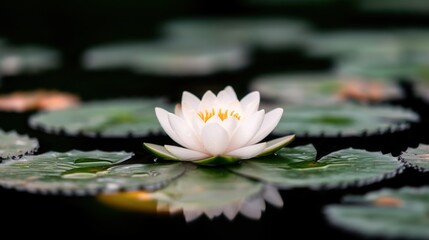 white water lily resting on calm dark pond with glistening dew drops and peaceful serene floating leaves copyspace concept of spa wellness botanical therapy