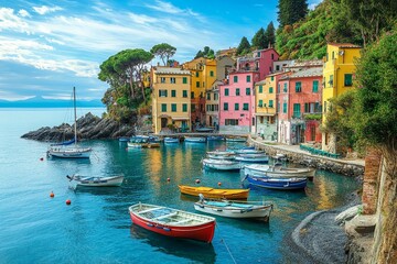 Colorful waterfront houses, boats, calm sea.
