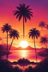 Naklejka premium Captivating sunset over tranquil waters, rich hues blending into a serene sky, palm trees framing picturesque landscape, ideal for lifestyle and travel imagery, inspiring relaxation and exploration.