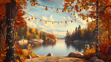 Sylvan lake thanksgiving celebration with colorful autumn foliage and festive decorations, sylvan lake, thanksgiving. Sylvan. Illustration