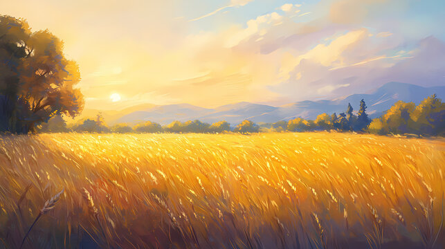Sunlit wheat field with golden glows and enchanting warmth of a late afternoon. Sylvan. Illustration