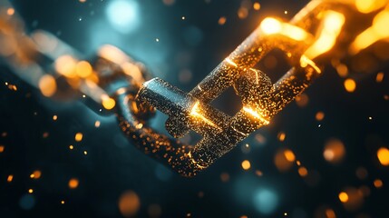 Blockchain Technology: Interlacing hexagons and polygons forming an unbreakable chain, symbolizing the security and transparency of blockchain-based transactions