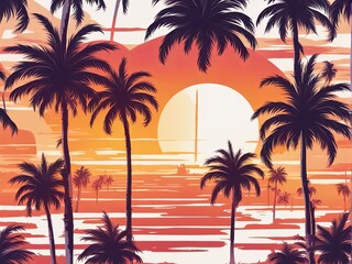 Captivating sunset over tranquil waters, rich hues blending into a serene sky, palm trees framing picturesque landscape, ideal for lifestyle and travel imagery, inspiring relaxation and exploration.