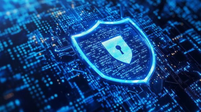 Digital Security Shield in Bright Blue Lighting