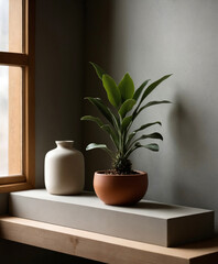 Fototapeta premium Concrete pedestal, background for product display, with vase and indoor plant