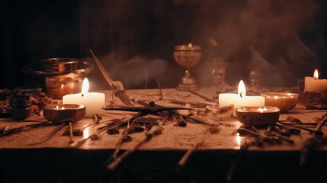 Dark Scene Set Ritual Table Preparing Intense Frightening Magical Ceremony