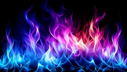 A dynamic abstract depiction of neon flames in vibrant pink, purple, and blue hues, glowing vividly against a dark background.