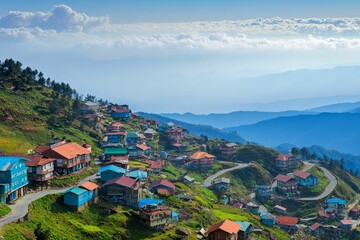 Fototapeta premium Mountain village, colorful houses, winding road, scenic view.