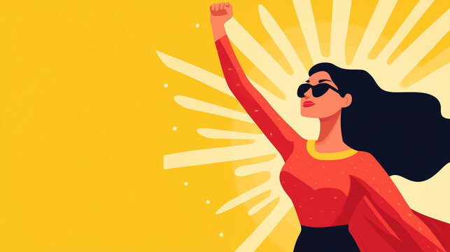 A confident superhero woman in a vibrant red costume with a yellow background, showcasing empowerment and strength. superhero woman, female empowerment, strong woman, comic style, - Powered by Adobe