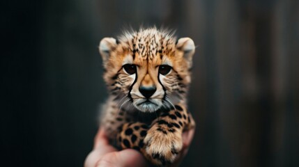 Obraz premium someone cradling a tiny cheetah cub in their right hand, against a focused background