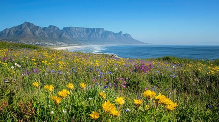 Fototapeta premium Scenic Coastal Landscape with Wildflowers and Mountains in Background