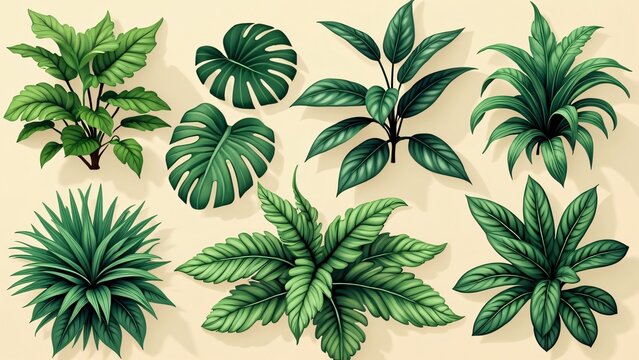 Vibrant Tropical Plants Collection- Lush Greenery, AI-Generated Botanical Illustrations