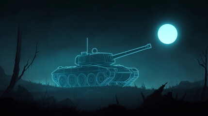Futuristic holographic tank emerging in a desolate battlefield under moonlight