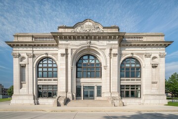 Obraz premium Grand stone building, arched windows, prominent entryway.