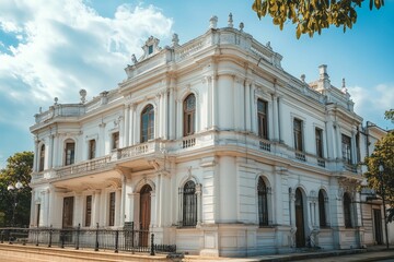 Obraz premium White, ornate building; classical columns; sunny day.