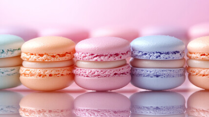 Obraz premium Colorful macarons lined up on a reflective surface.