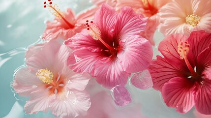 bunch of vibrant hibiscus flowers floating in a crystal clear bath with rose quartz crystals and jasmine essential oil creating an enchanting atmosphere