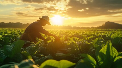 Golden sunlight bathes the expansive tobacco field as a farmer carefully tends to the plants during the magical hours of sunset, highlighting a day's hard work