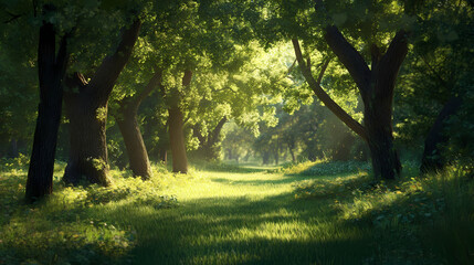Peaceful forest landscape with lush green grass and trees. Sylvan. Illustration
