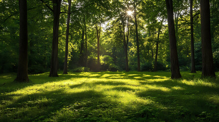 Obraz premium Peaceful forest landscape with lush green grass and trees. Sylvan. Illustration