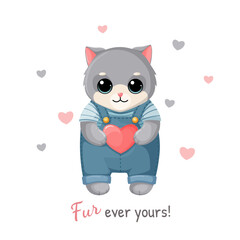 Kitten in denim overalls, holding a heart in its paws. Valentines Day card with funny lettering. Romantic element for print, stickers, greeting card design.