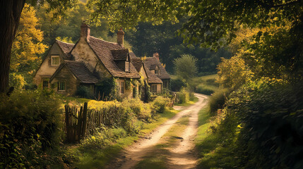 Obraz premium Quaint woodland charm of england: far shot, ai generative. Sylvan. Illustration