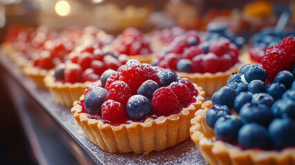 Close-up of assorted fruit tarts with berries.