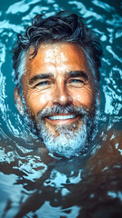 Mature man smiling underwater in a swimming pool