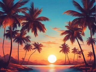 Captivating sunset over tranquil waters, rich hues blending into a serene sky, palm trees framing picturesque landscape, ideal for lifestyle and travel imagery, inspiring relaxation and exploration.