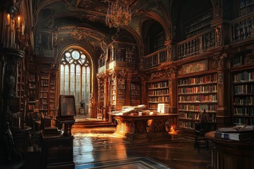 Ornate library, bookshelves, sunlight, old books, grand space.