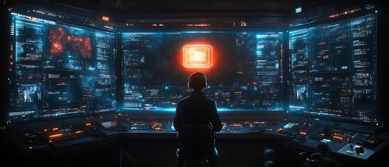 Person monitoring data on futuristic screens.