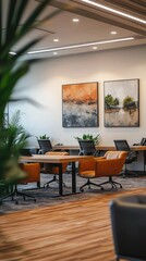 Fototapeta premium Modern Office Interior with Artistic Paintings and Comfortable Seating