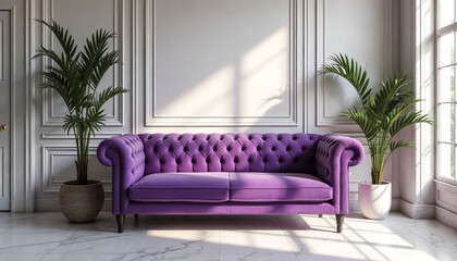 Soft purple premium-quality sofa in a minimalist interior with beautiful lighting