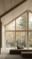 Cozy Modern Living Room with Large Windows Overlooking Forest View